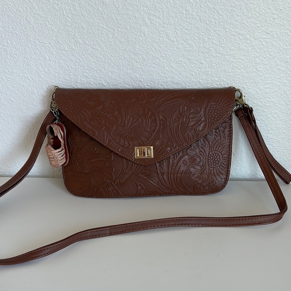 Handbags - Brown Embossed Genuine Leather Crossbody Bag from Mexico with Keychain